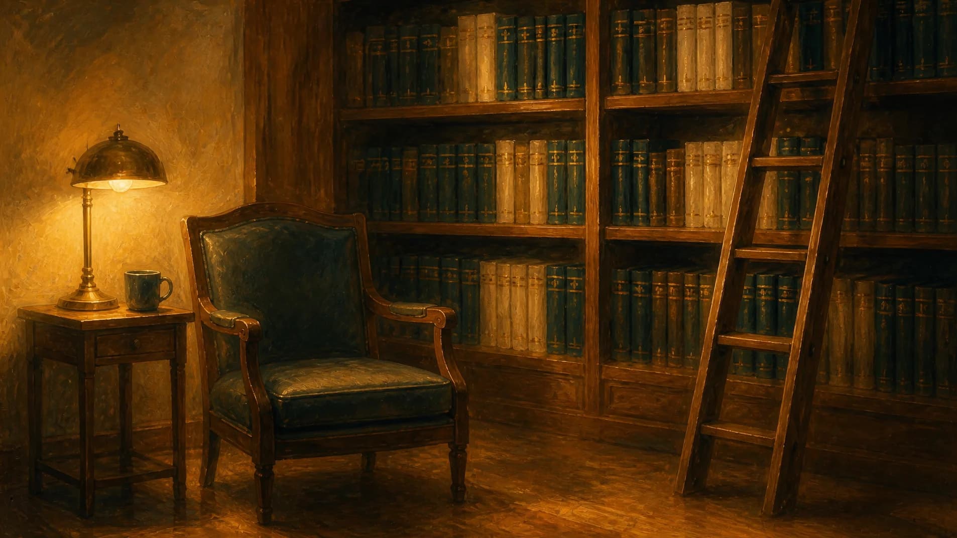 A cozy library nook with deep-teal shelved volumes, a reading lamp, and a ladder.