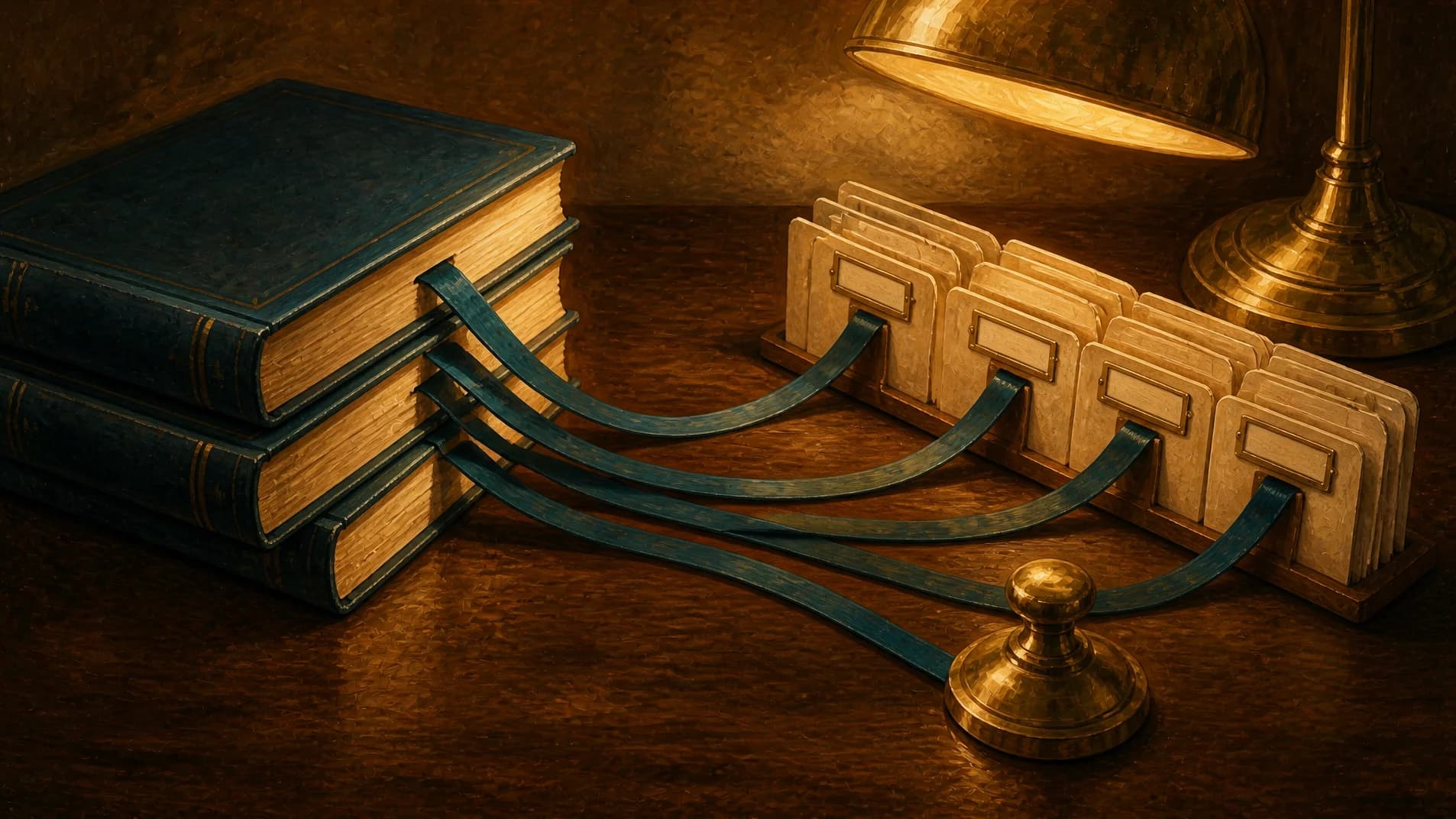 Ribbon page-markers branching from a stack of books toward a row of labeled index cards.