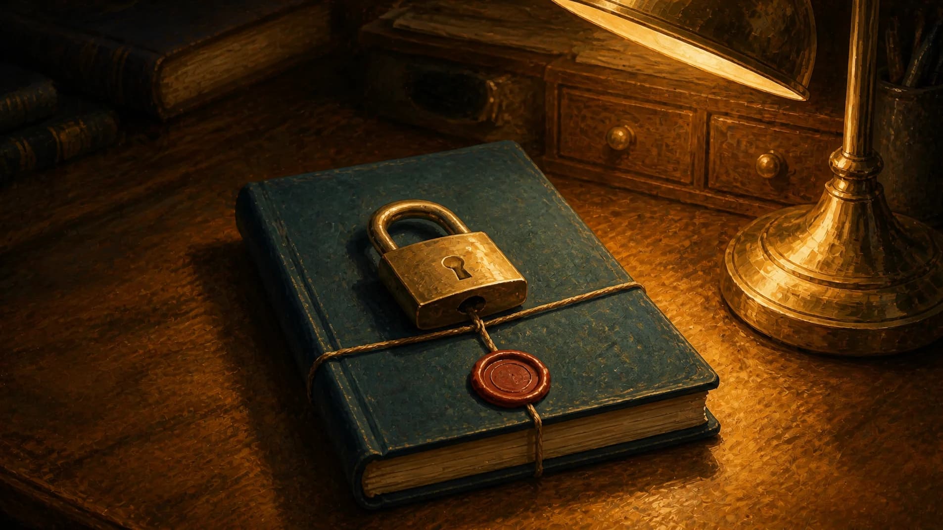 A brass padlock and wax seal on a closed journal, tied shut with string.