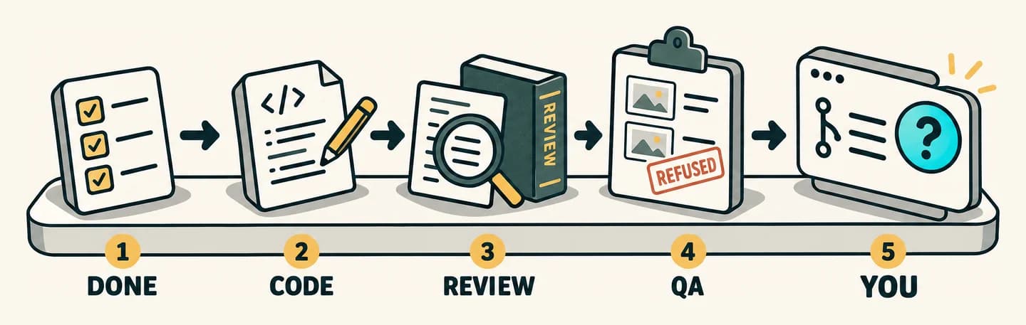 Five steps on one shelf: 1 Done, a ticket with ticked criteria; 2 Code, a page being written; 3 Review, a magnifying glass over the code beside the review book; 4 QA, a clipboard with screenshots and a Refused stamp; 5 You, a pull request with a question mark.