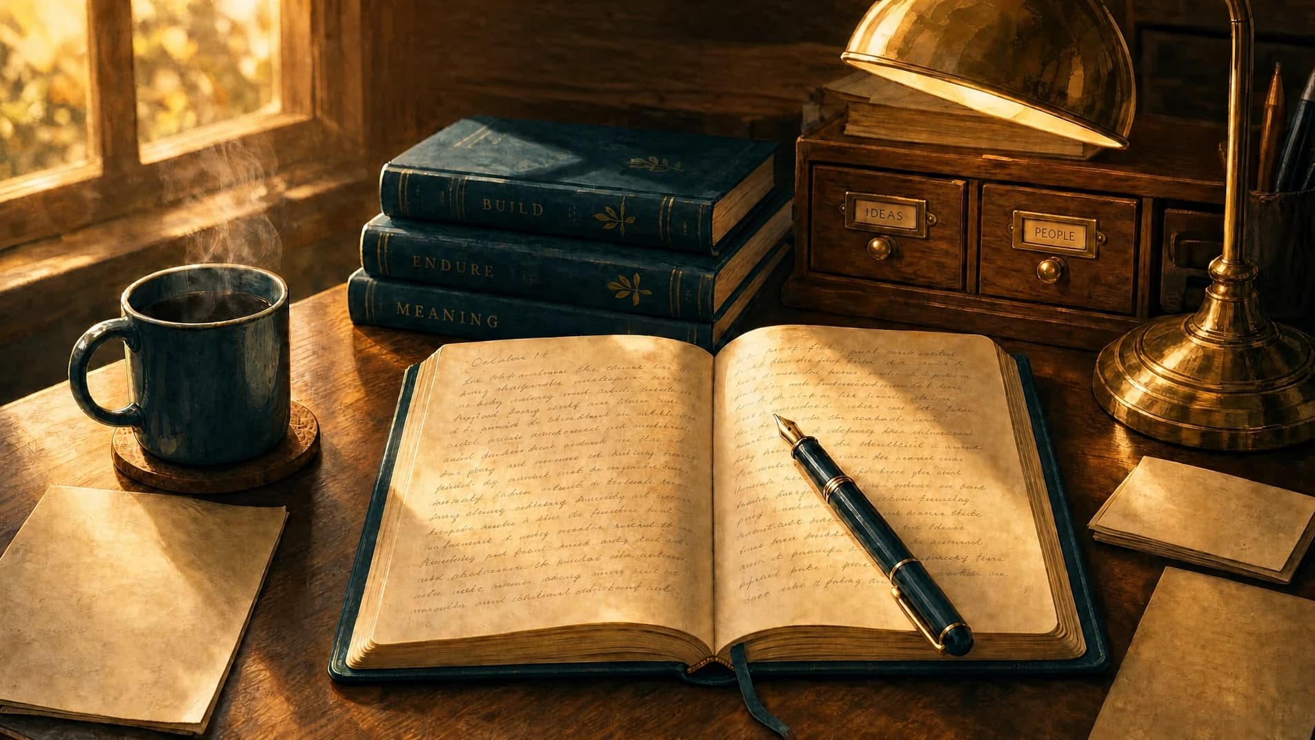 An open book, card catalog, library books, and a brass reading lamp on a sunlit desk.