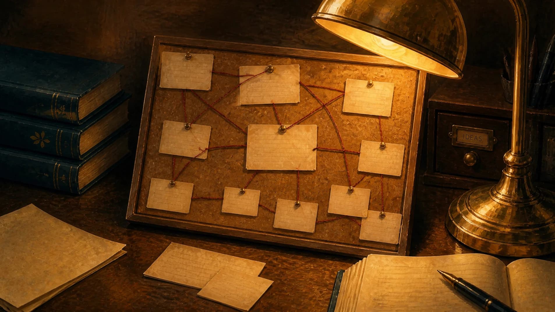 Index cards pinned to a board and connected by red string in a growing web.