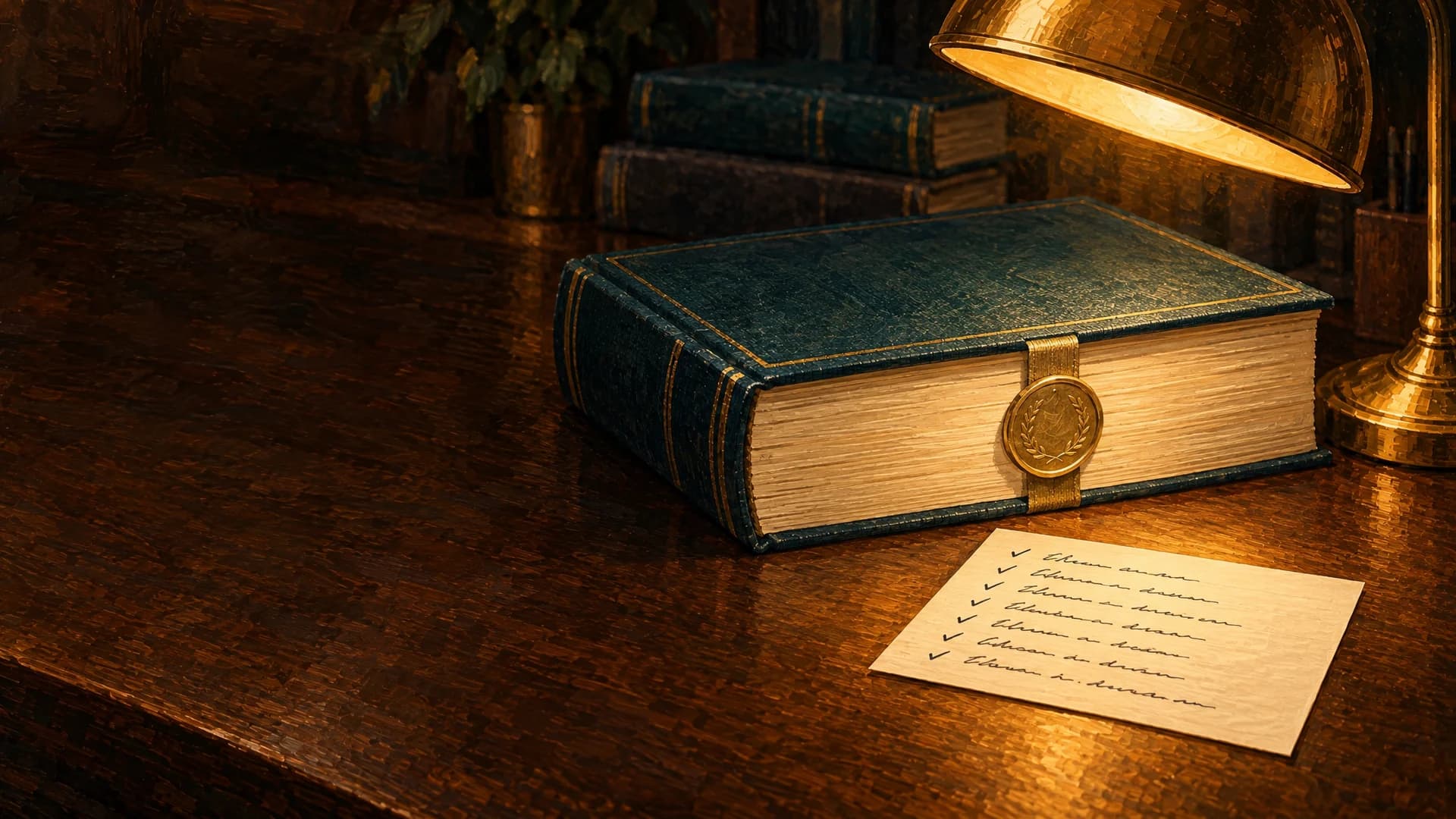 A thick teal-bound manuscript sealed shut with a gold seal, beside a handwritten checklist with every line ticked, under a brass desk lamp.