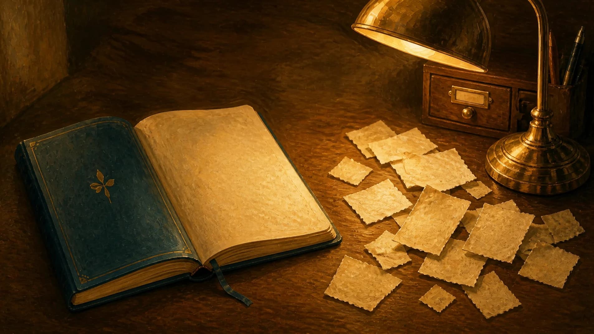 A complete bound journal beside a scattering of loose torn paper fragments.