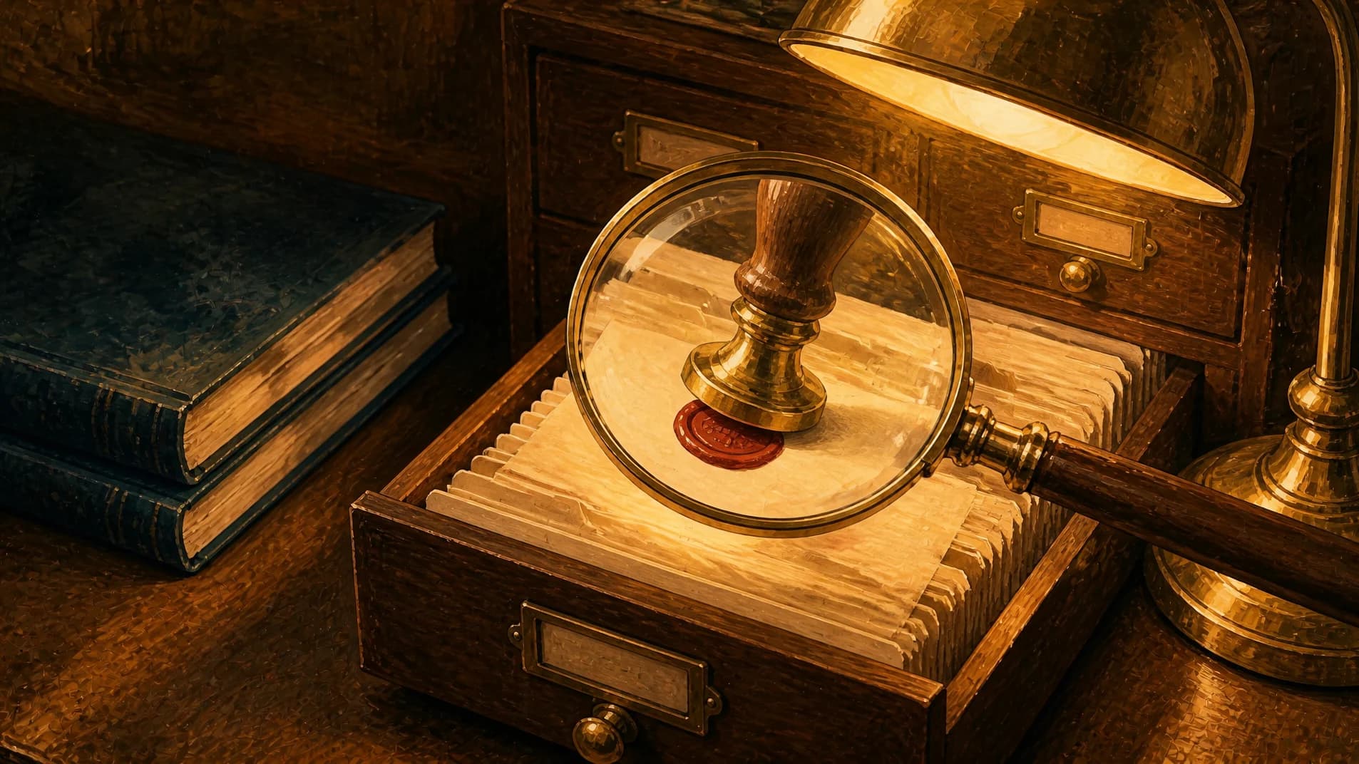 A brass magnifying glass examining a card-catalog drawer of index cards, one stamped with a wax seal.