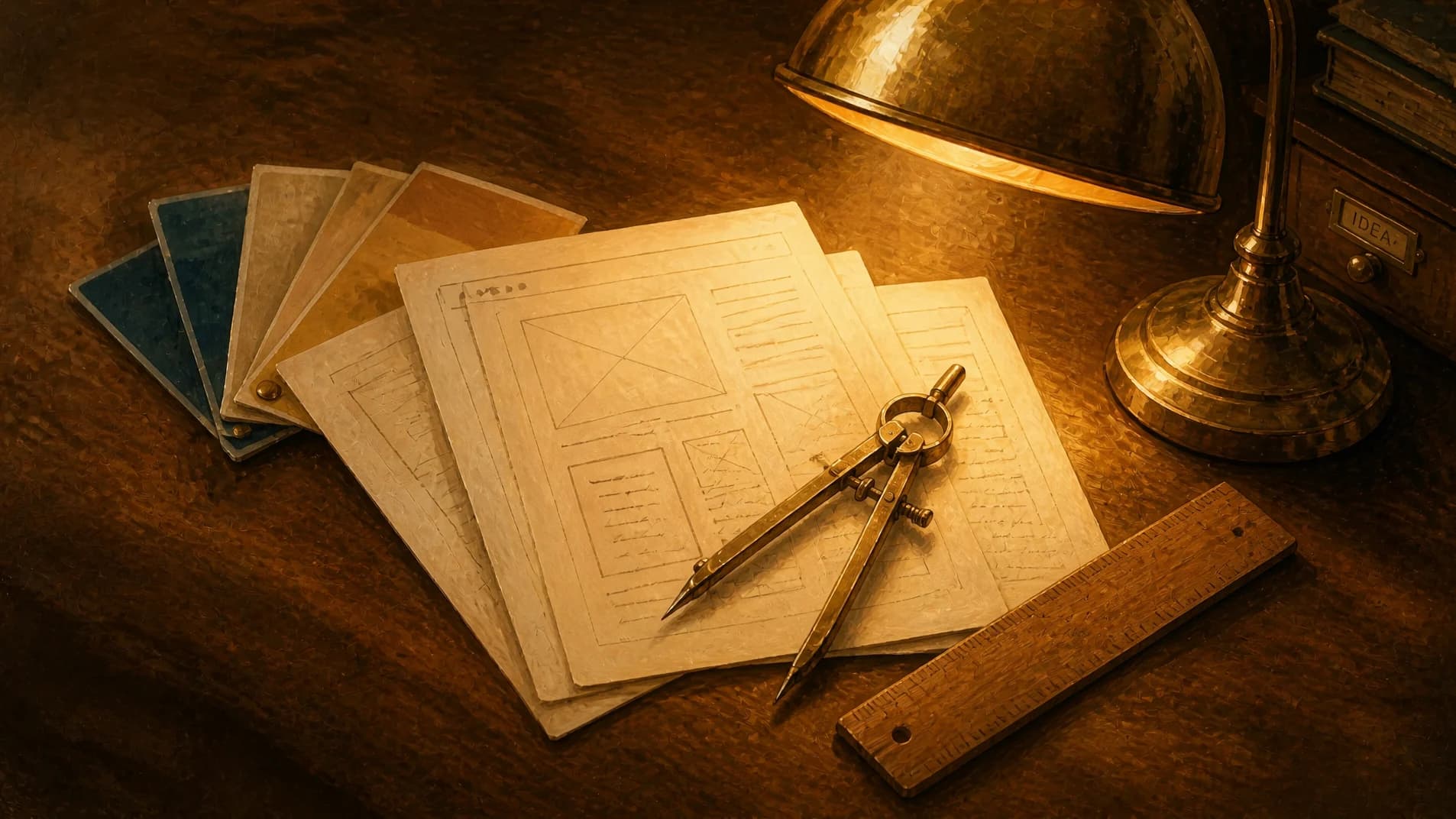 A drafting compass and ruler over hand-sketched wireframe cards and color swatches.