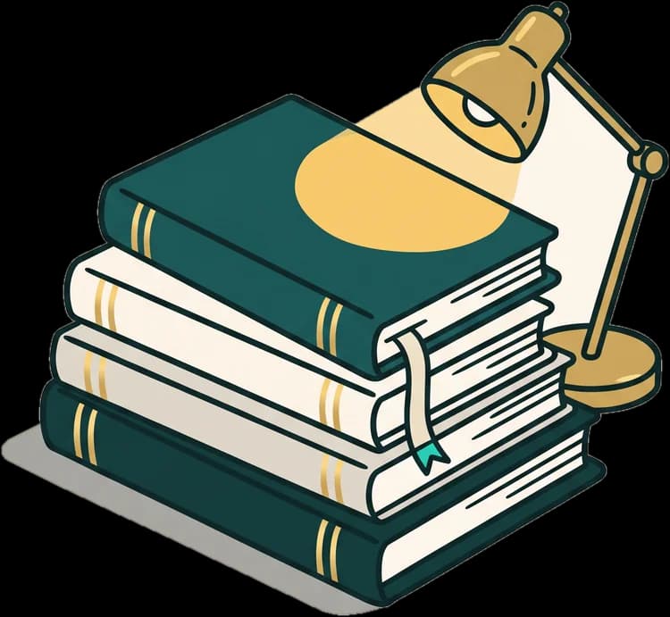 A stack of four books with a bookmark ribbon and a small brass lamp lighting the top one.