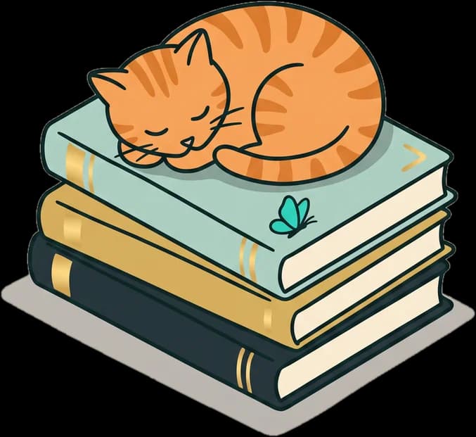 An orange tabby cat curled up asleep on a stack of three books, a small teal butterfly resting on the top one.