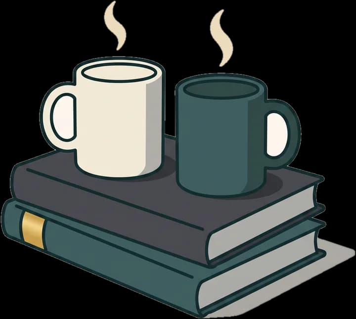 Two mugs of coffee, one cream and one dark teal, on a stack of two books.