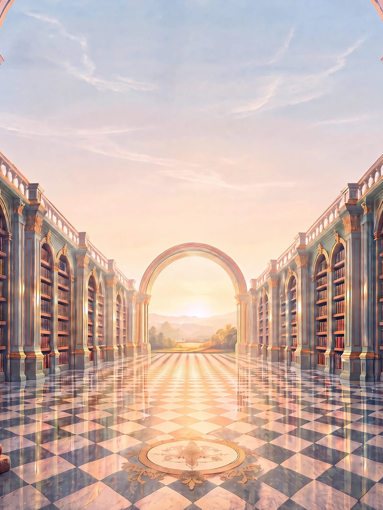A grand library hall at sunset, shelves of books rising on both sides toward an open arch.
